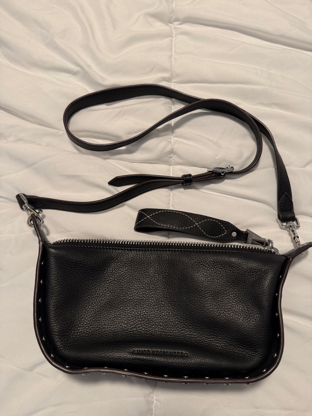 Black Leather Crossbody Bag with Silver Hardware